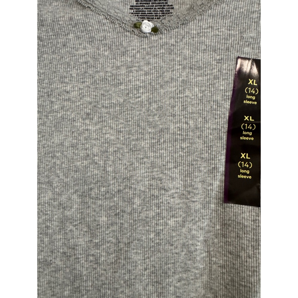 Art Class Ribbed Long Sleeve Top Girls XL 14 Gray Lace Trim Rosette - Picture 3 of 3